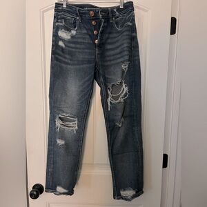 American Eagle Tomgirl denim.  Stretchy fit, distressed with holes, ankle length